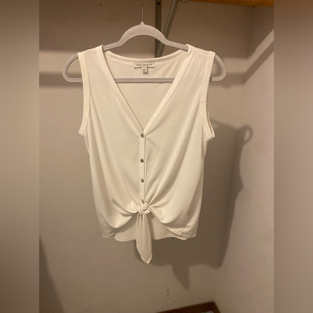Green Envelope Ivory Button-Down Knot Top